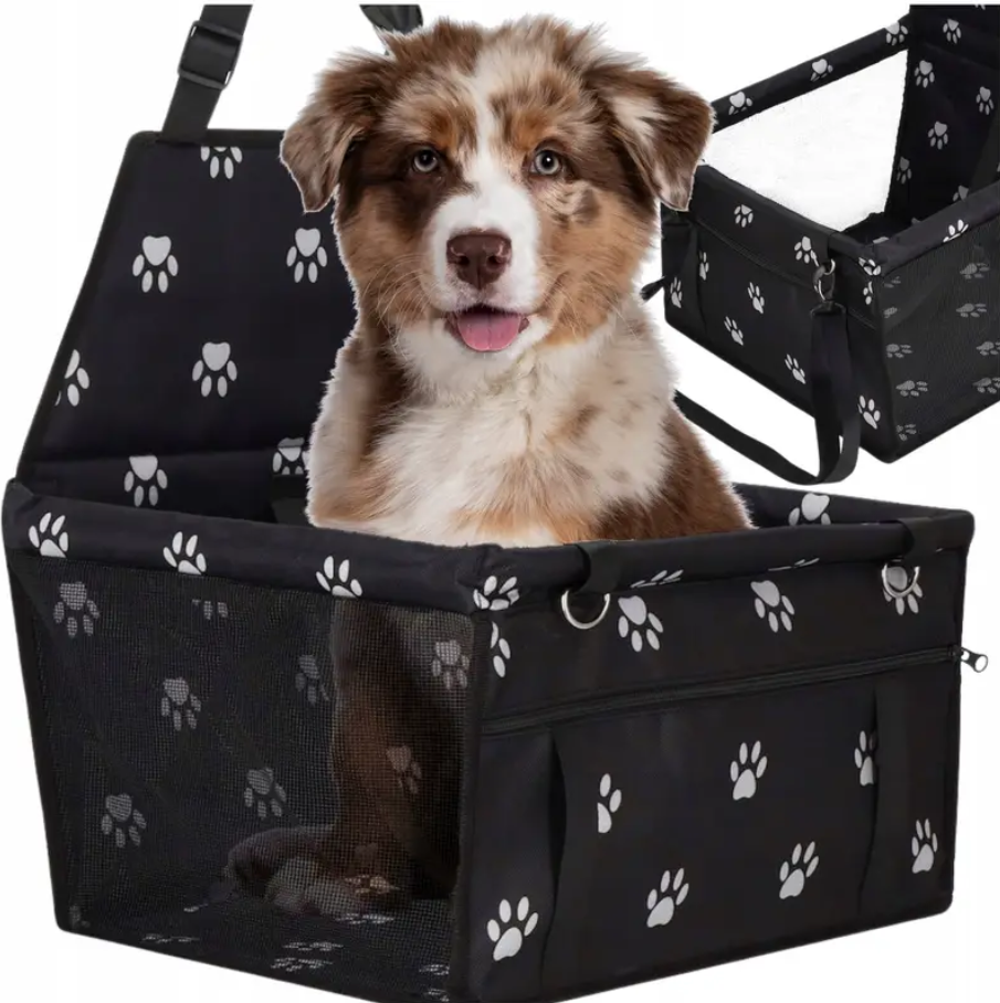 Transporter Samochodowy dla Psa i Kota – Bezpieczny Fotelik z Wzorem w Łapki