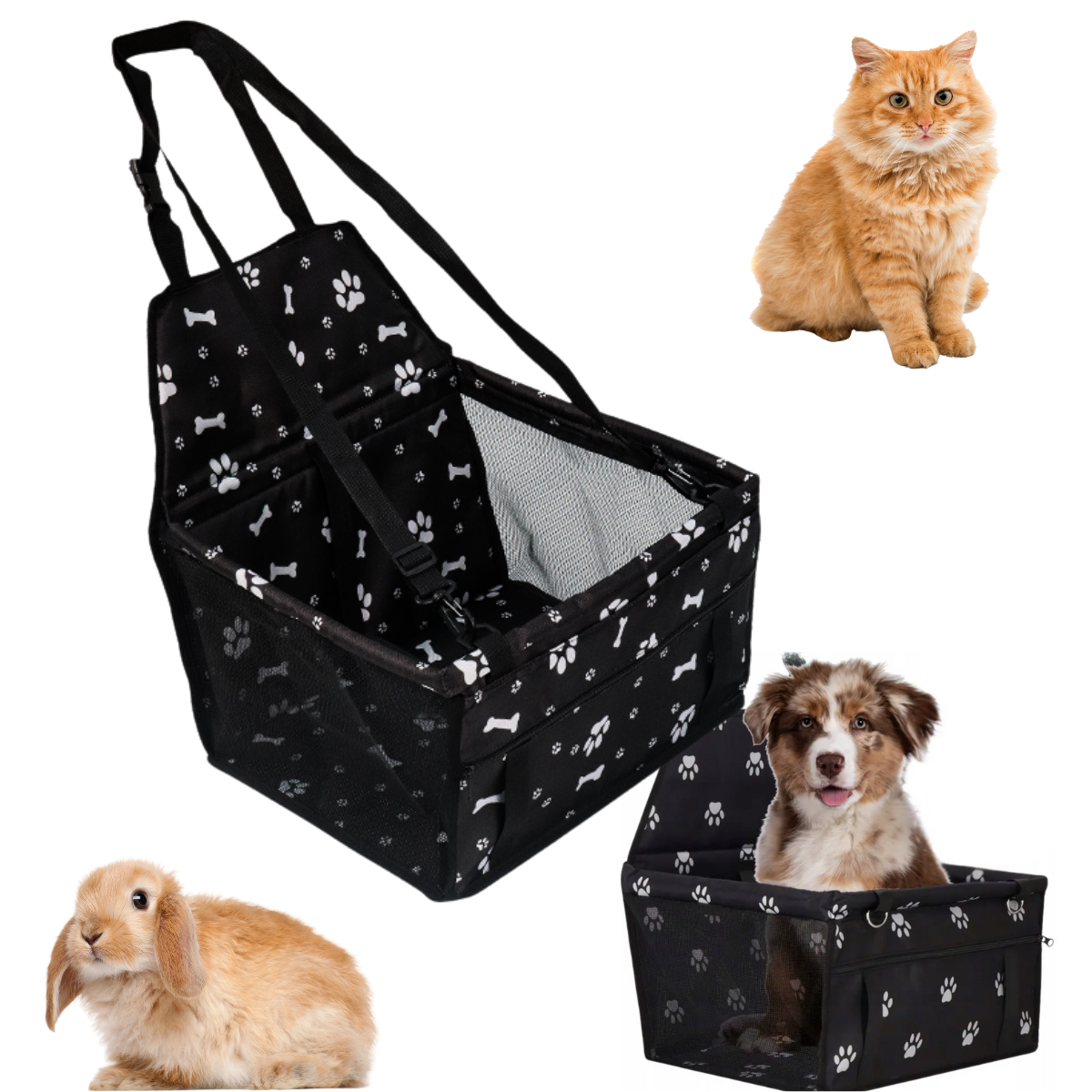 Transporter Samochodowy dla Psa i Kota – Bezpieczny Fotelik z Wzorem w Łapki